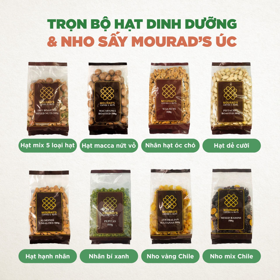 Hạt Mourad's Úc Túi 500g (Hạnh Nhân/ Bí Xanh/ Macca/ Óc Chó/ Hạt Dẻ/ Mix Hạt/ Nho Vàng/ Nho Mix) Hàng Chuẩn