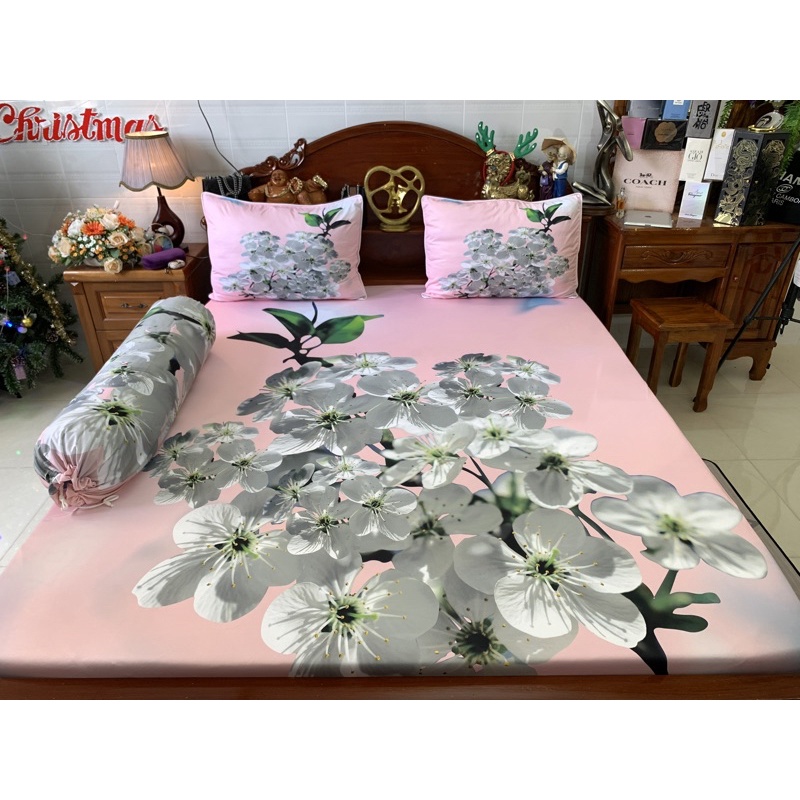 Free Ship Bộ ga gối thun siêu mát lạnh ý in 5D cao cấp cành mai Như Lan
