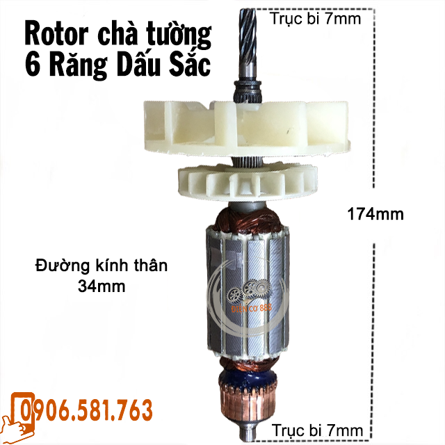 Rotor chà tường 6 răng dấu sắc thân 34mm dài 174mm dây đồng 220v - tặng chổi than