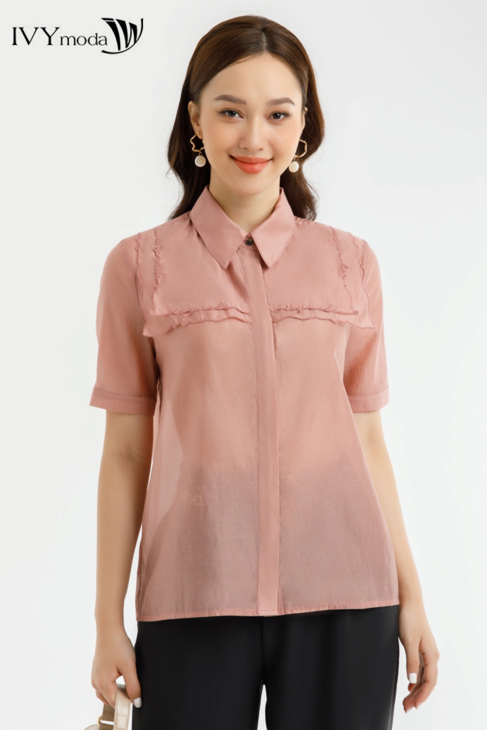 Áo sơ mi lụa thêu viền IVY moda MS 16M7643