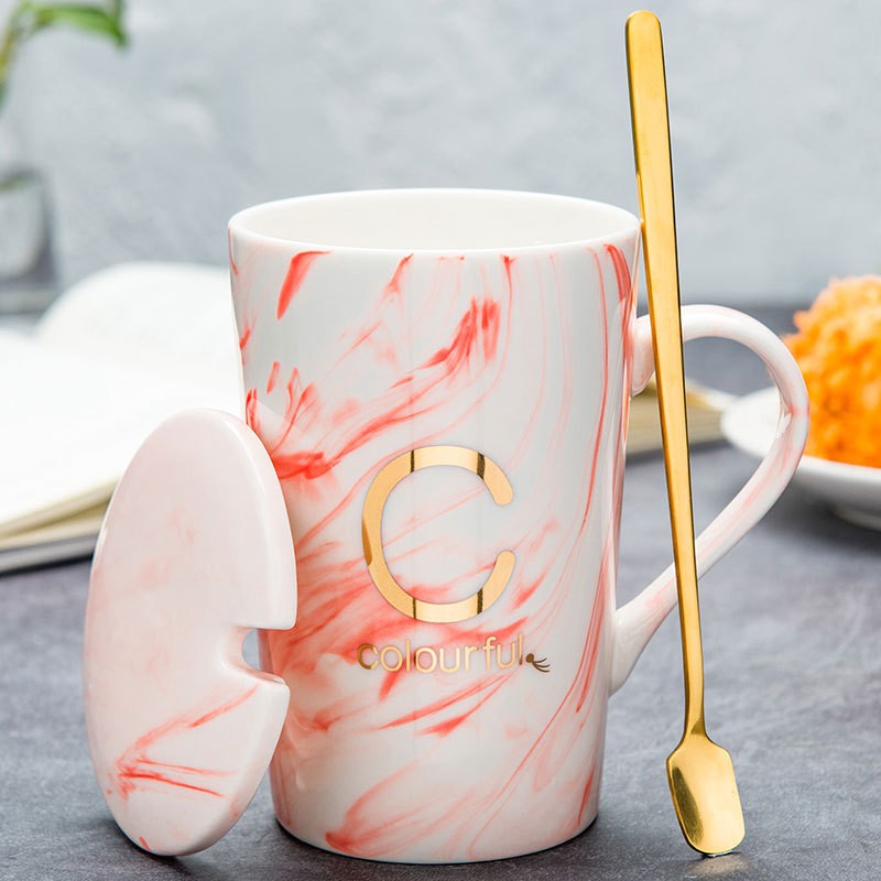 Ly cốc sứ cao cấp có nắp VÂN ĐÁ Lucky cực đẹp
