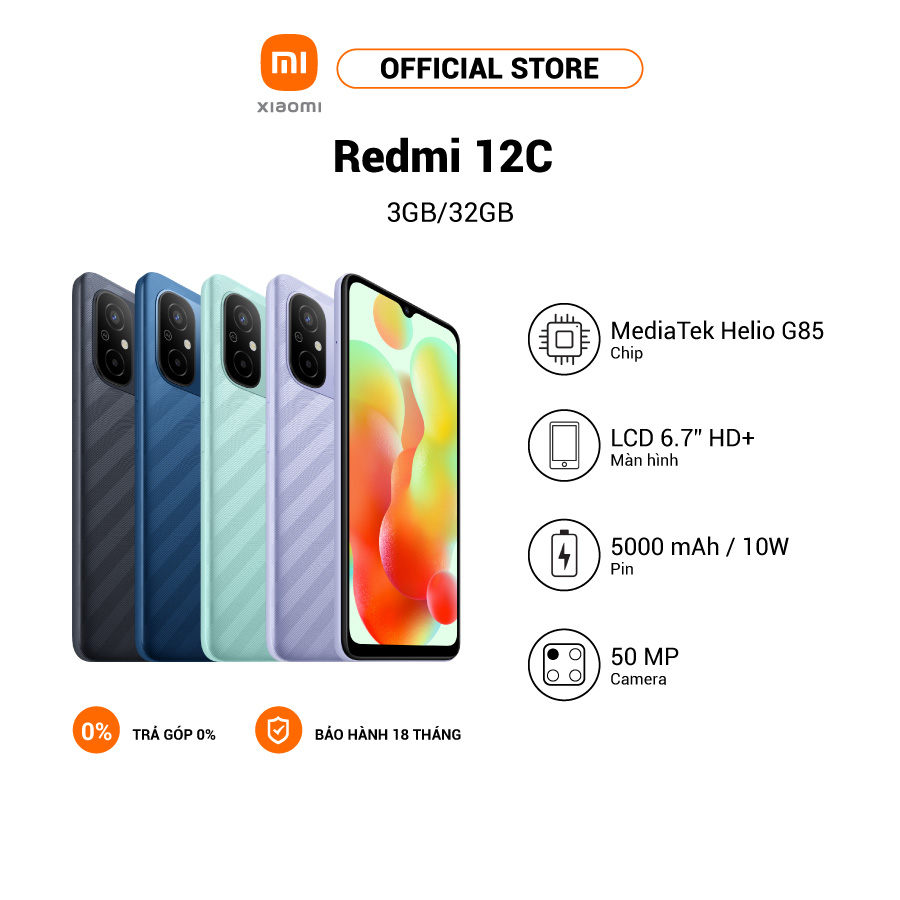 Điện thoại Xiaomi Redmi 12C | MediaTek Helio G85| Camera kép AI 50MP| Pin 5000mAh