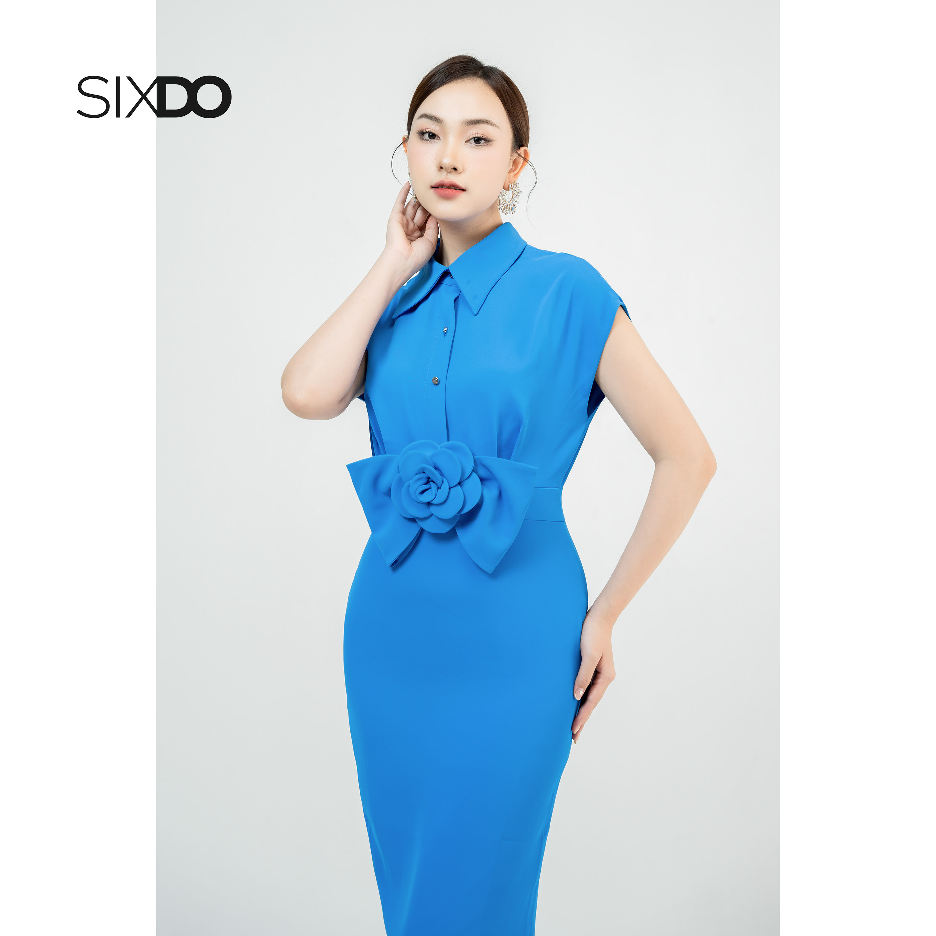 Đầm midi cổ sơ mi phối nơ hoa thời trang SIXDO (Blue Cap Sleeves Midi Silk Dress)