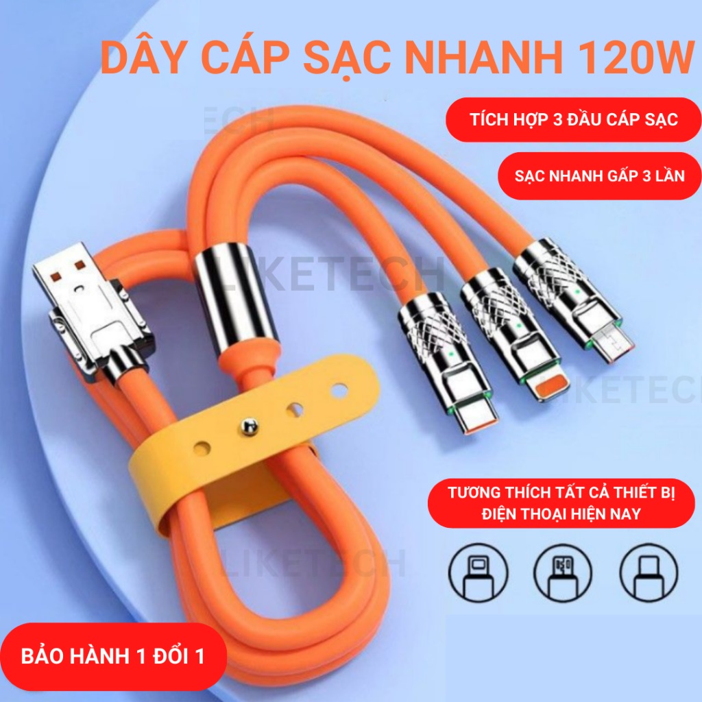 Dây cáp 3 đầu sạc nhanh 120w 6a cổng micro usb type c bằng silicon cho iphone android