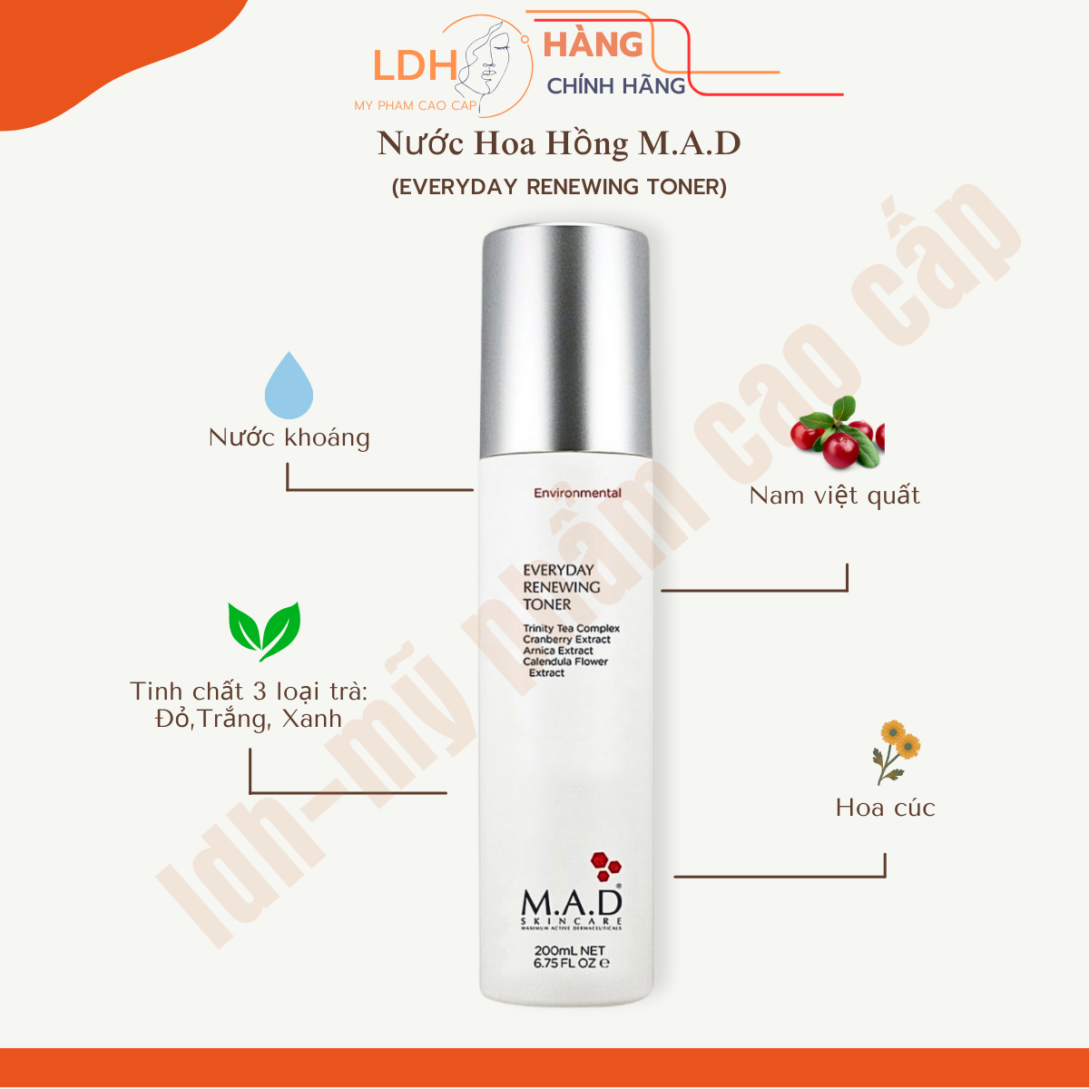 Nước hoa hồng thải độc và làm trắng da M.A.D(EVERYDAY RENEWING TONER)200ml