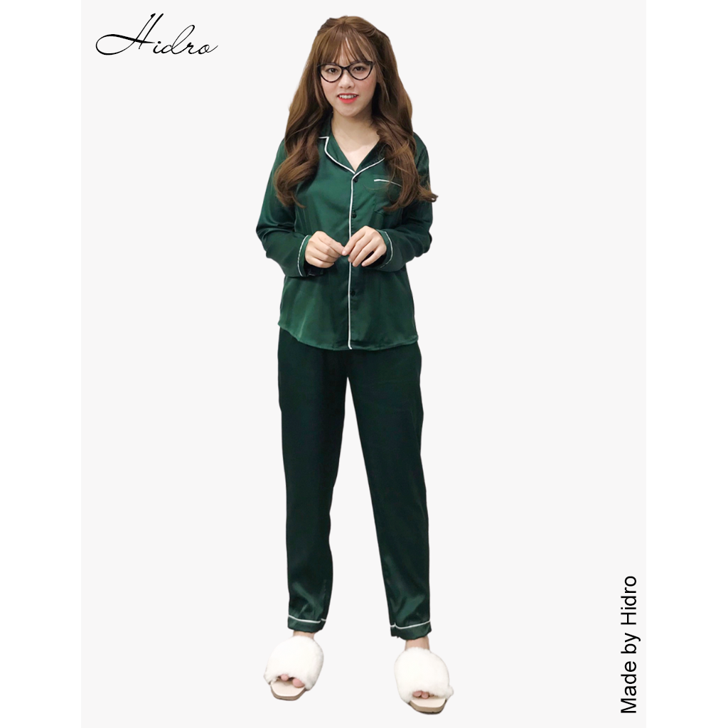 HIDRO Bộ ngủ pijama lụa satin trơn dài tay