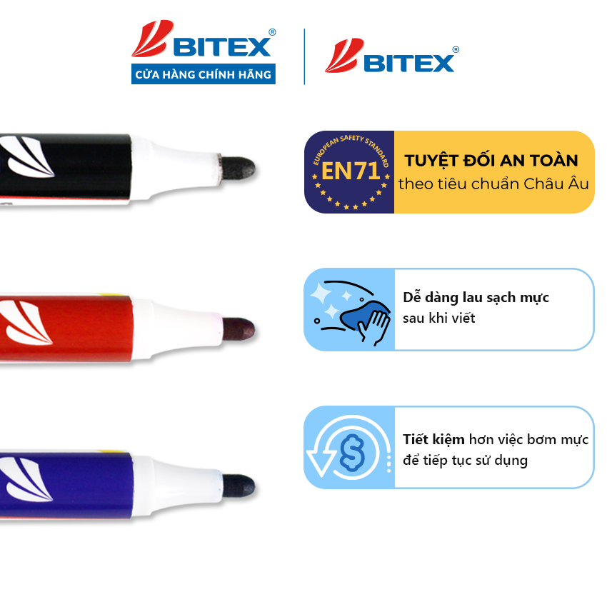2 cây Bút lông bảng mực xanh / Đỏ / Đen Bitex WB01