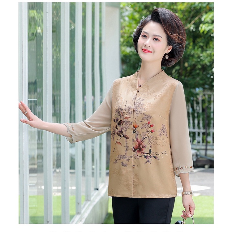Áo sơ mi nữ trung niên cao cấp cho mẹ cho bà hoa thược dược mới loại 1_A470