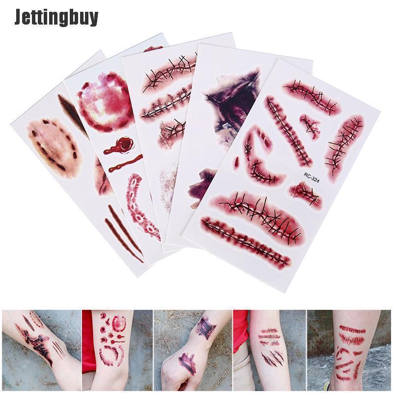 Jettingbuy 5pcs halloween tattoo sticker cool temporary horror wound scar gore blood decor