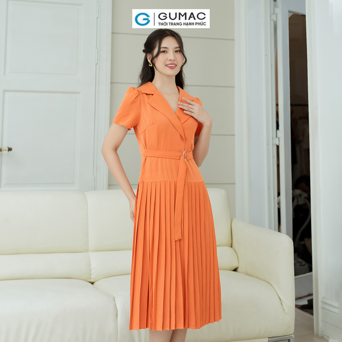 Đầm nữ dáng A cổ danton GUMAC DD08016 dập ly, eo phối dây khoen kiểu