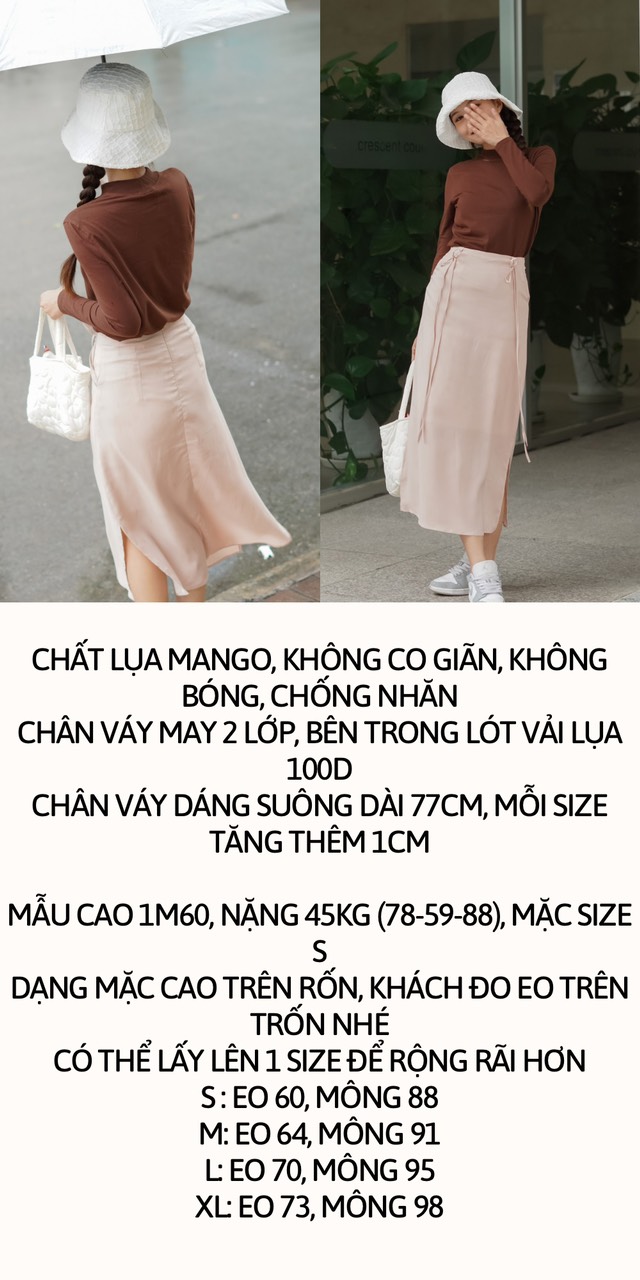 Chân váy lửng dây cột 2 bên | Chất lụa Mango | Màu Kem Hồng | Size S - XL