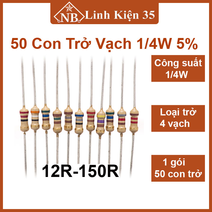 Gói 50 con trở vạch 1/4w 5% giá trị điện trở 12r → 150r