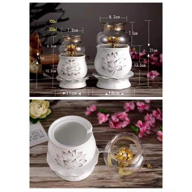 Đèn dầu sen gốm sứ size nhỏ