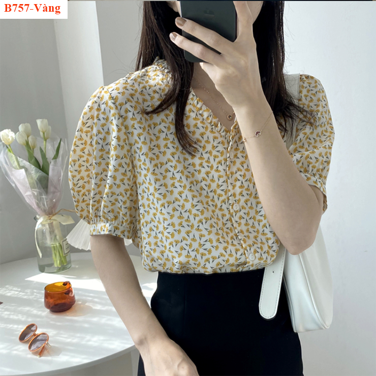 [HCM]B757- Áo họa tiết cổ V xếp ly