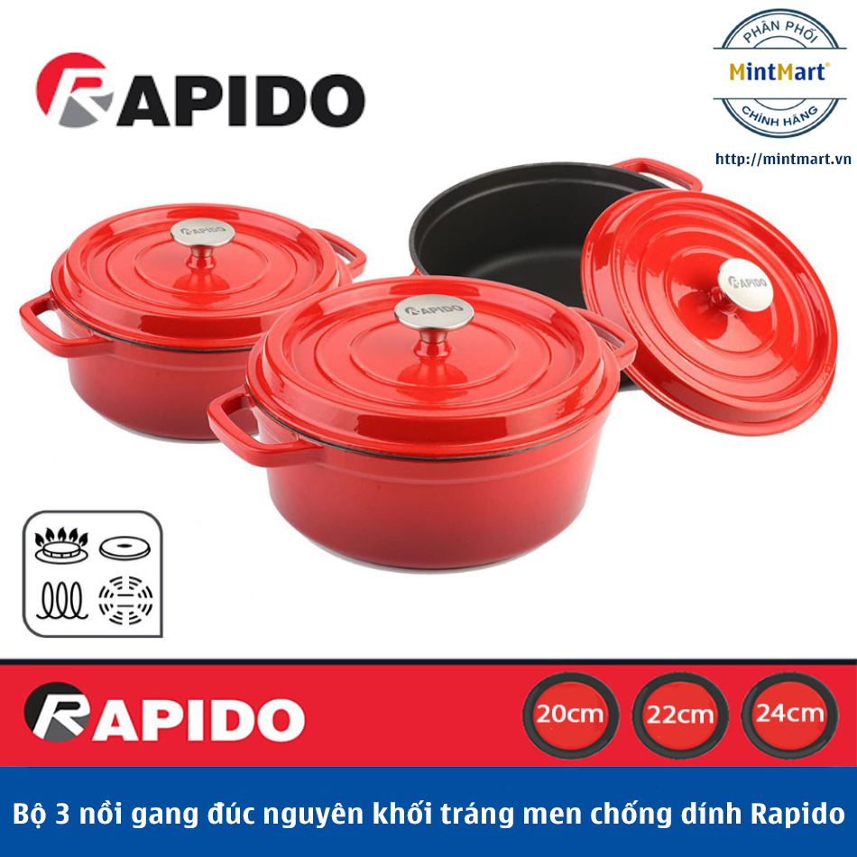 Bộ 3 Nồi Gang Đúc Tráng Men Rapido 20,22,24cm - Chống Dính 2 Lớp ,Đúc Nguyên Khối, Sử Dụng Cho Mọi Loại Bếp - Hàng Chính Hãng