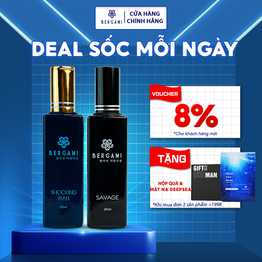 Combo Nước Hoa Nam Thơm Lâu Bergami Savage và Shocking Man, Nước Hoa Chính Hãng Mùi Hương Nam Tính, Lưu Hương 6H 35ml