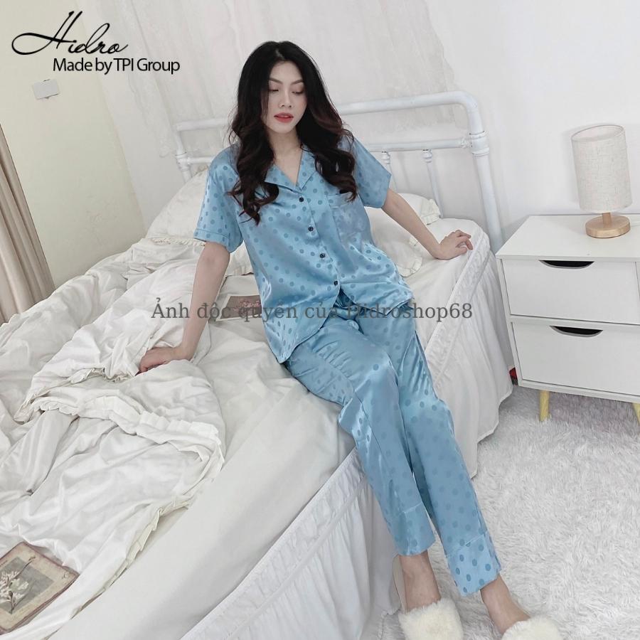 Đồ ngủ pijama lụa gấm chấm bi cộc dài