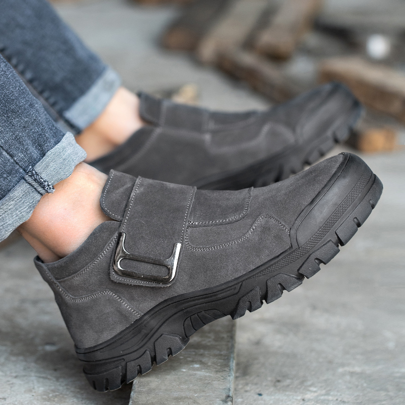 Giày bảo hộ không dây, cổ lửng, da bò, chống đinh, chống dập ngón và chống trơn trượt chính hãng, đẹp, thời trang, chất lượng cao màu ghi đen