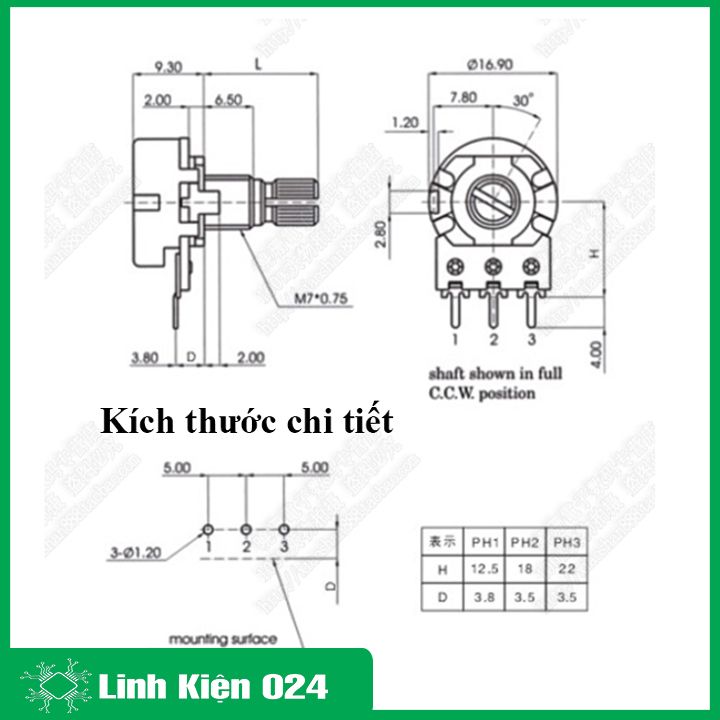 Chiết áp đơn 50K, biến trở volume B50K 3 chân