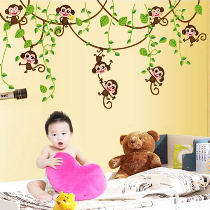 Decal dán tường khỉ đùa nghịch trên dàn dây leo cho bé Sticker Tranh Dán Tường AY7247- Decal dán tường cho bé - Decal dán tường động vật