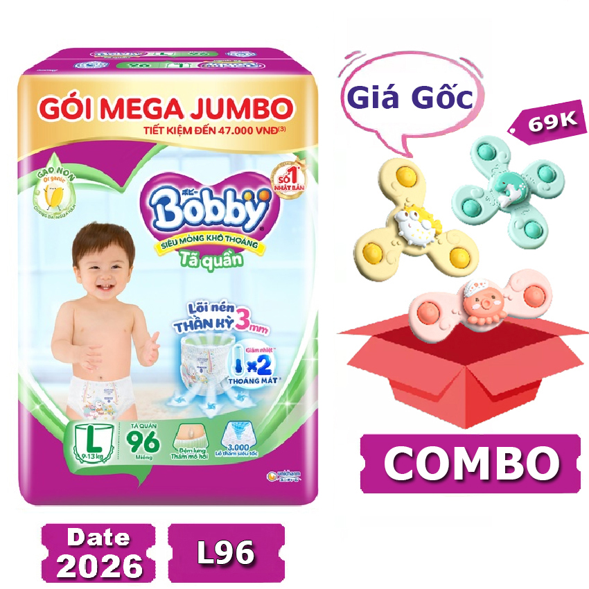 [Tặng đồ chơi Spinner 139K] Tã quần Bobby L96 mẫu mới Date 2026 Mega Jumbo (tã/bỉm quần Bobby size L 96 miếng, bỉm quần Bobby L 96 miếng)