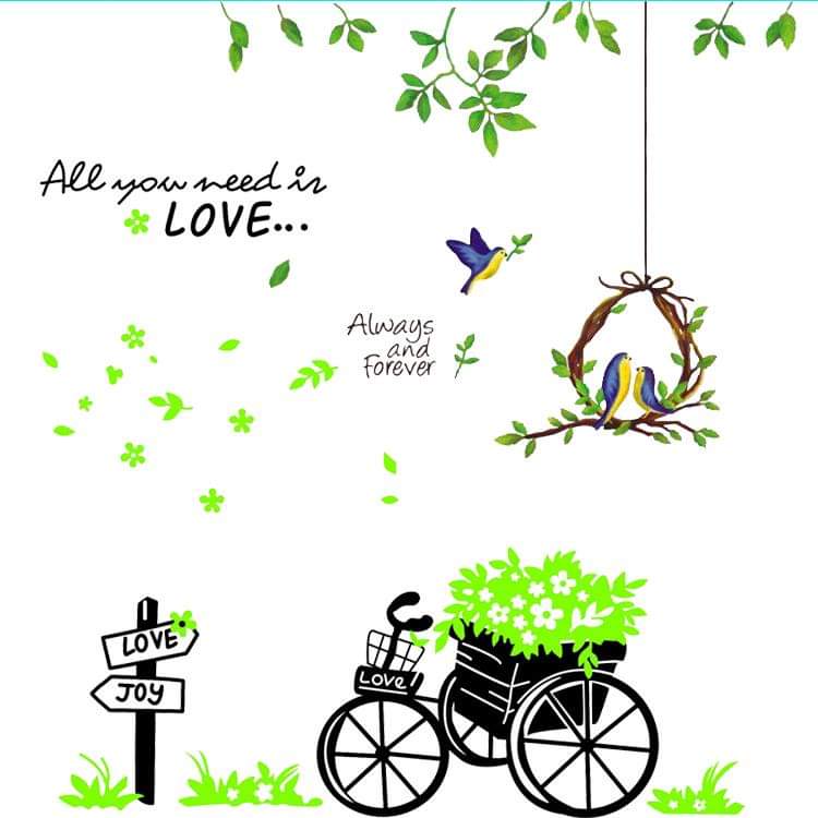 DECAL DÁN TƯỜNG LỒNG CHIM VÀ XE ĐẠP XANH