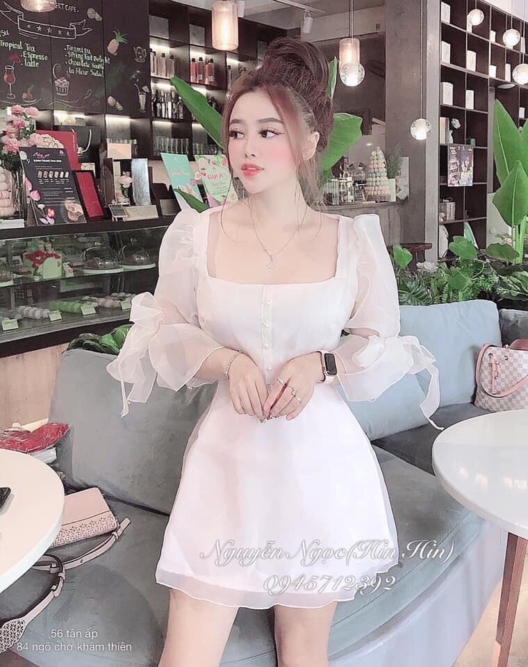Đầm nữ ngắn xòe voan tay nơ đính cườm thời trang thiết kế lanchi xv70