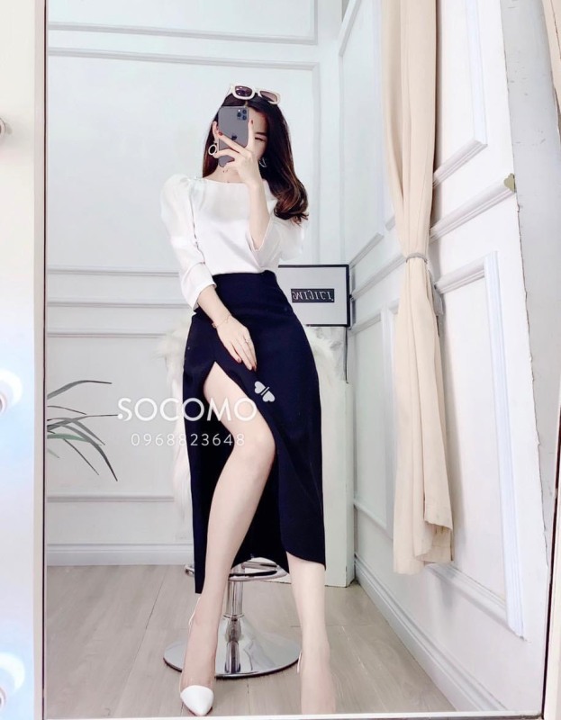 Sét áo trắng tay lỡ kèm váy voan xẻ tà-QH