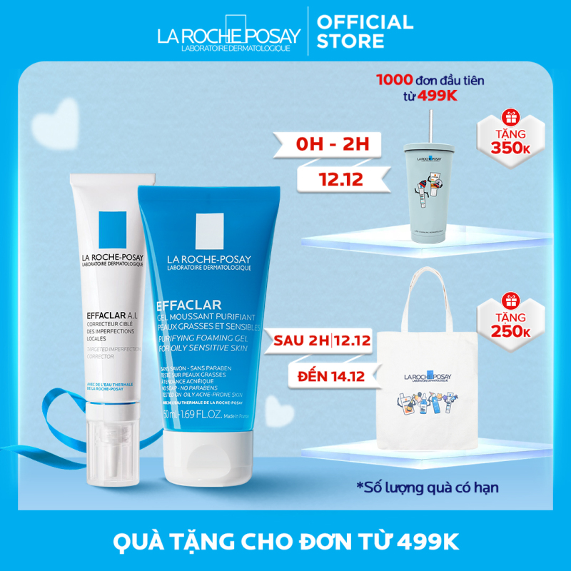 Bộ đôi kem giảm mụn chuyên biệt La Roche Posay Effaclar A.I 15ml và Gel rửa mặt dành cho da dầu mụn Effaclar Gel 50ml