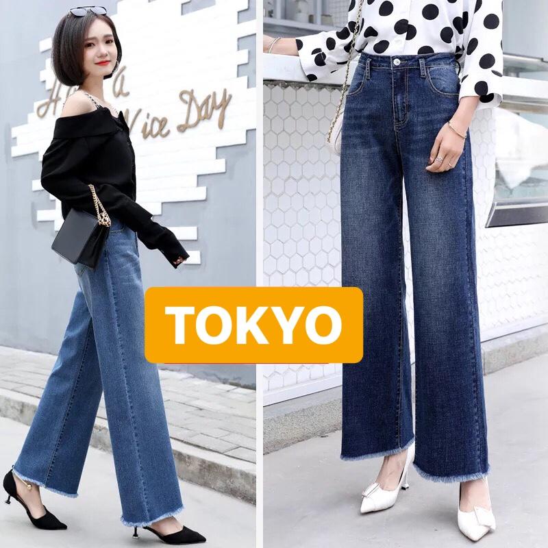 Quần jean baggy nữ chất bò xanh đậm ống loe hot trend lưng cao nâng mông t-6714 - tokyo fashion