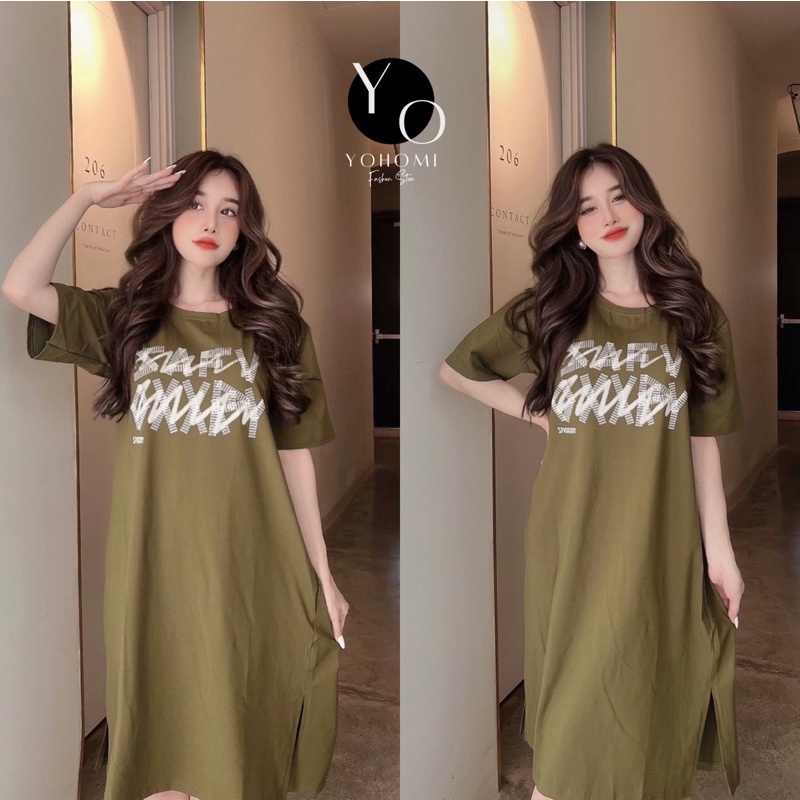 Bigsize Đầm thun suông nữ có túi tay lỡ chất thun thái cổ tròn xẻ tà màu hồng