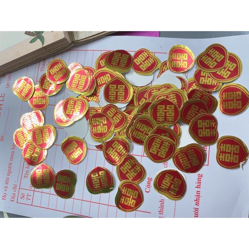 90 tem decal chữ song hỷ dán hoa quả , bóc dán sẵn