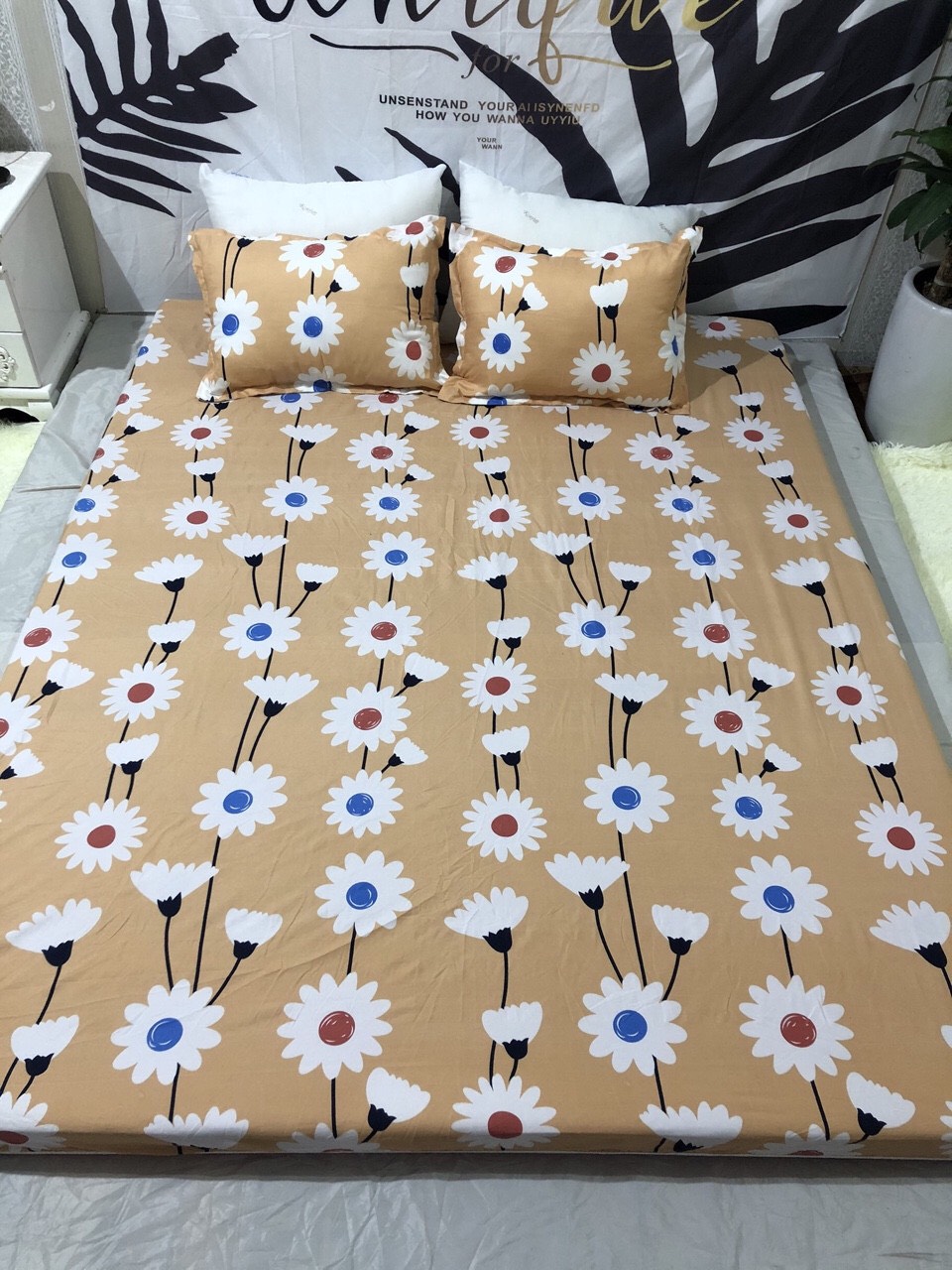 TRỌN BỘ CHĂN GA GỐI COMBO 5 MÓN - HOA CÚC CAM