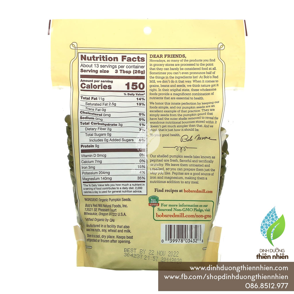 Hạt Bí Hữu Cơ Bob's Red Mill Organic Pumpkin Seeds