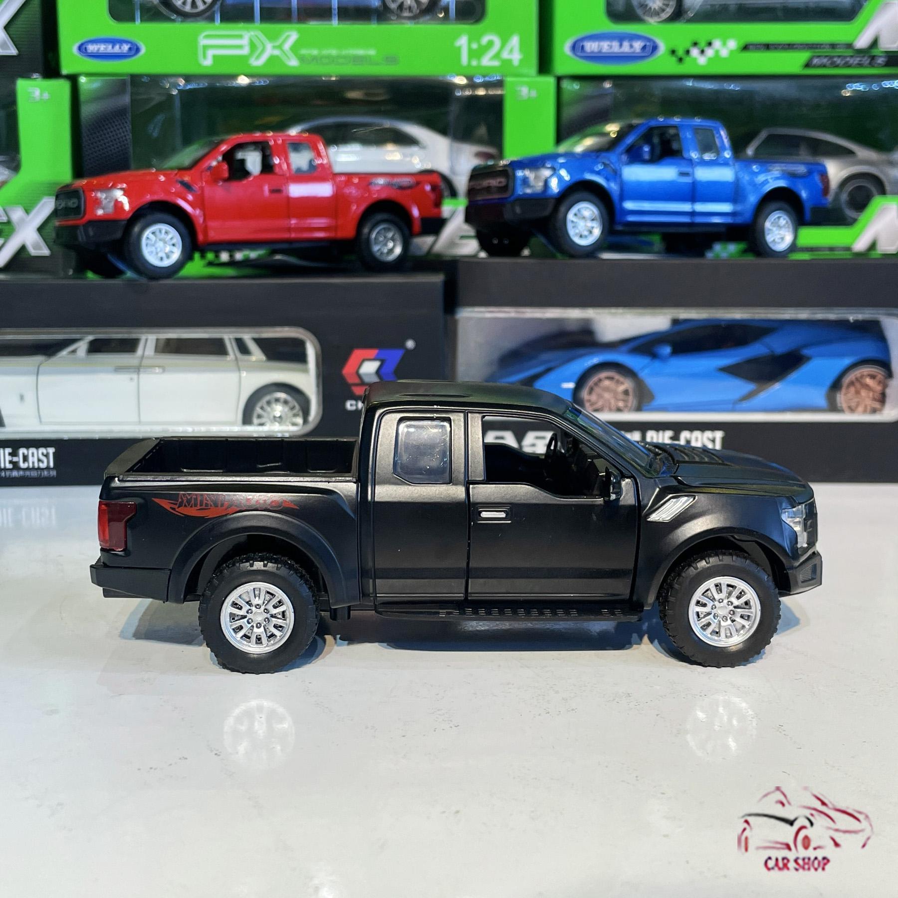 Xe mô hình bán tải Ford F150 Raptor tỉ lệ 1:32 hãng Miniauto (đen+vàng)
