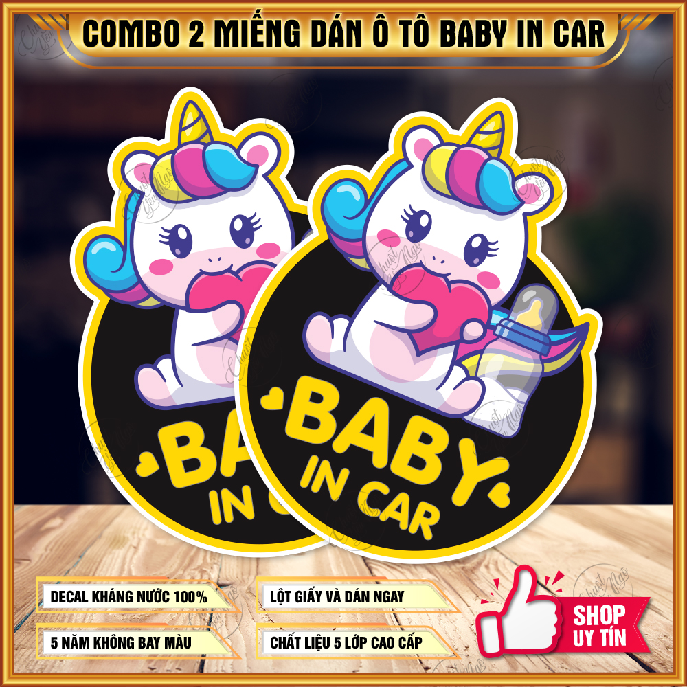 Combo 2 miếng dán Baby In Car hình con ngựa kỳ lần Unicorn