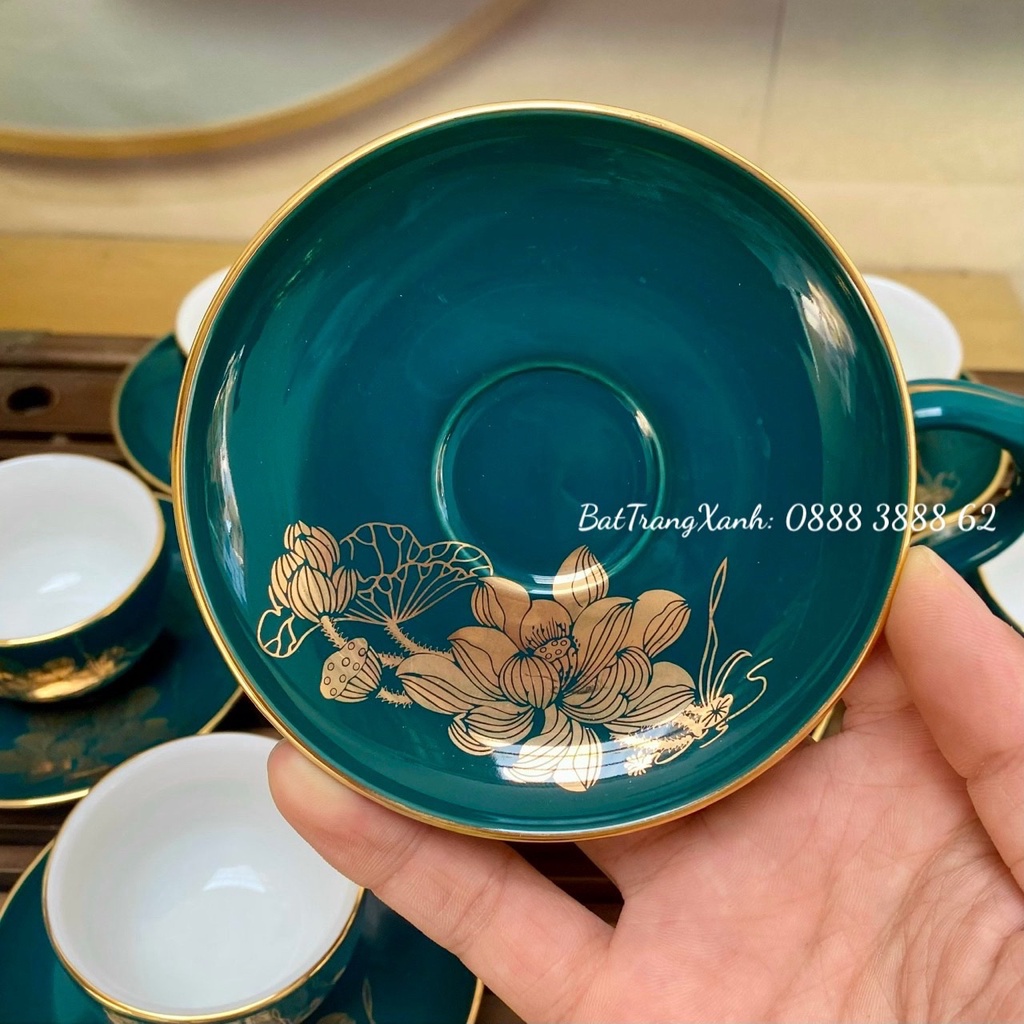 Bộ ấm chén Bát Tràng men xanh Mallard (xanh cổ vịt) họa tiết hoa sen vẽ vàng 24k - Bộ ấm trà Bát Tràng
