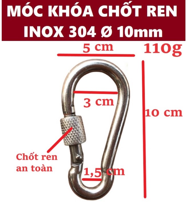 Móc xích chốt ren an toàn inox 304 số 4 5 6 8 10 12 mm