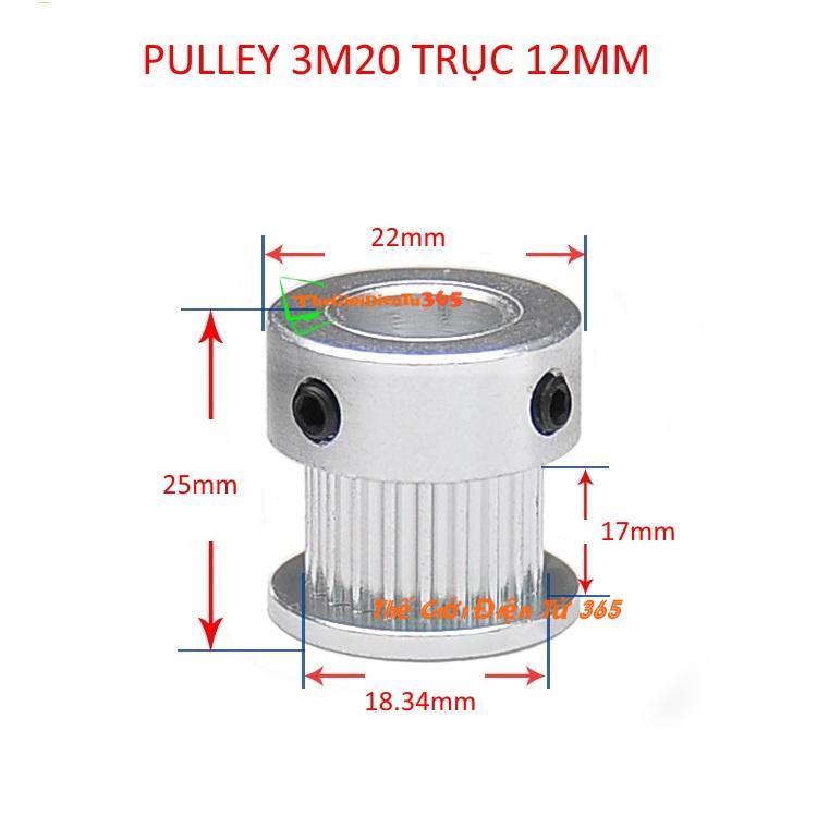 Pulley bánh răng nhôm 3m20 20 răng bản rộng đai 16mm trục 12mm