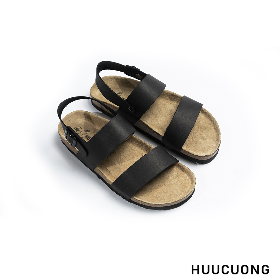 Giày Sandal Unisex 2 quai da bò đen đế trấu