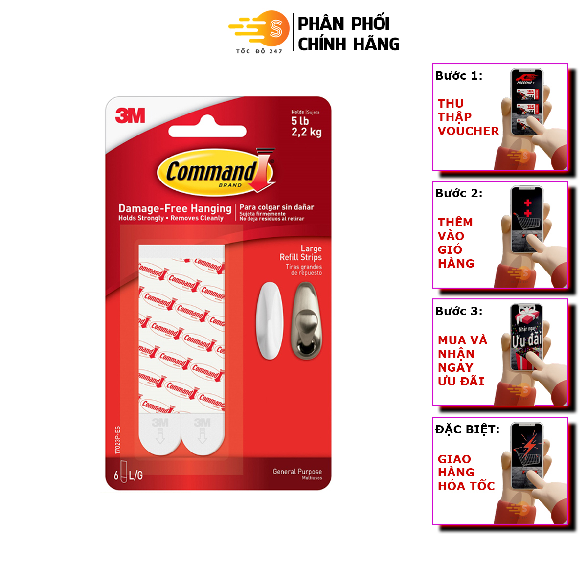 Vỉ 6 miếng keo dán thay thế cường lực siêu dính 2.2kg Command 3M 17023 - Tốc Độ 247, 6 miếng cường lực, bám cực chắc, cực bền