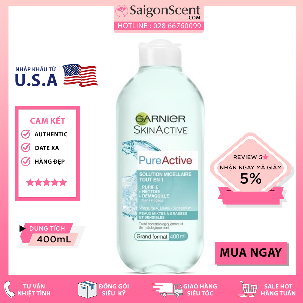 Tẩy trang Garnier Skinactive Pure Active Solution Micellaire Tout en 1 ( Xanh Ngọc - Da dầu, 400mL )