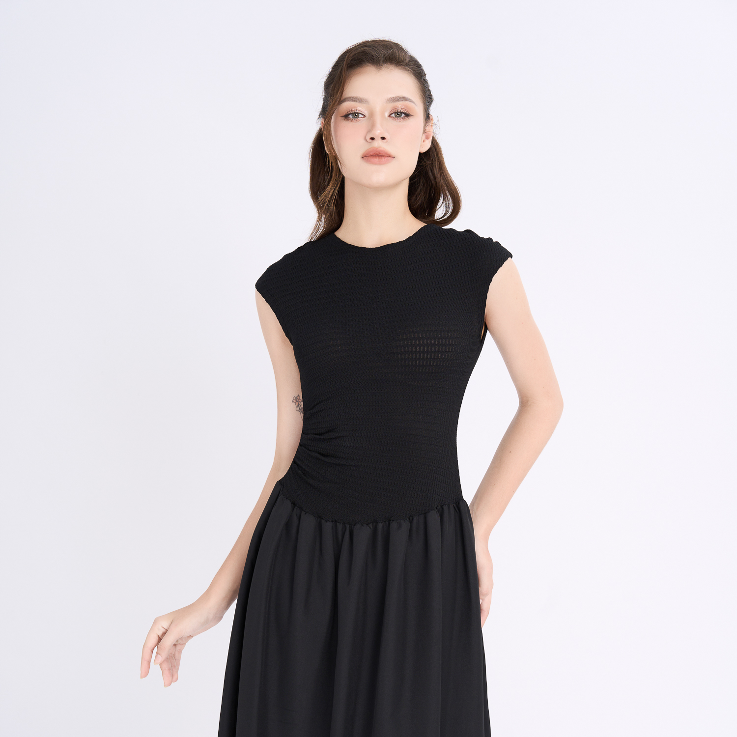 Đầm mini xòe thun phối cotton lạnh Maybi