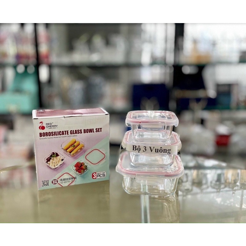 Bộ 3 Hộp thủy tinh vuông đựng thực phẩm Red Cherry, Hộp đựng cơm thủy tinh, hộp đựng cơm văn phòng, Hôp cơm giữ nhiệt