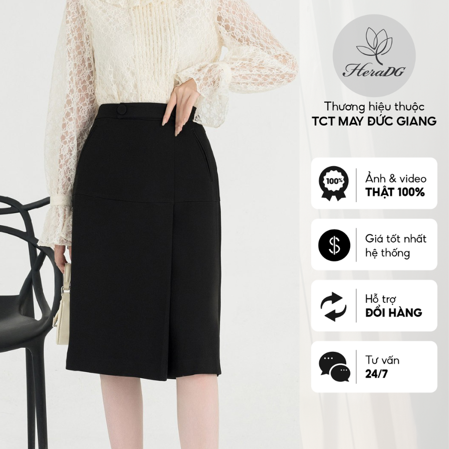 Voucher siêu sale 15% Chân váy công sở HeraDG thiết kế dáng midi chữ A đính khuy eo chất tuytsi cao cấp SJPBC1029