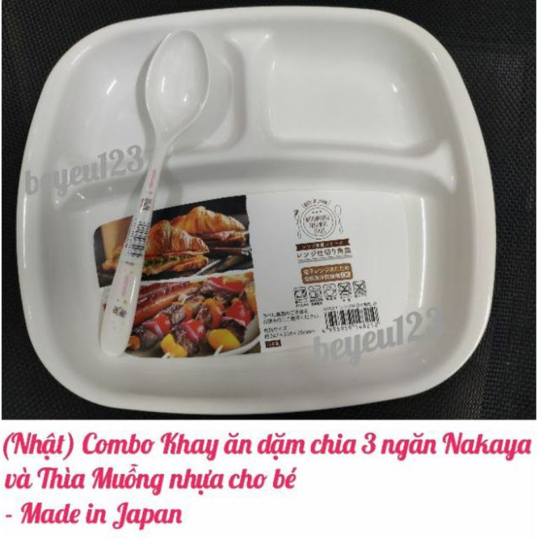 (Sản xuất tại Nhật) Combo Khay ăn dặm vuông chia 3 ngăn Nakaya và Thìa Muỗng nhựa Kichilachi 927 cho Bé - Made in Japan - KBN 148210