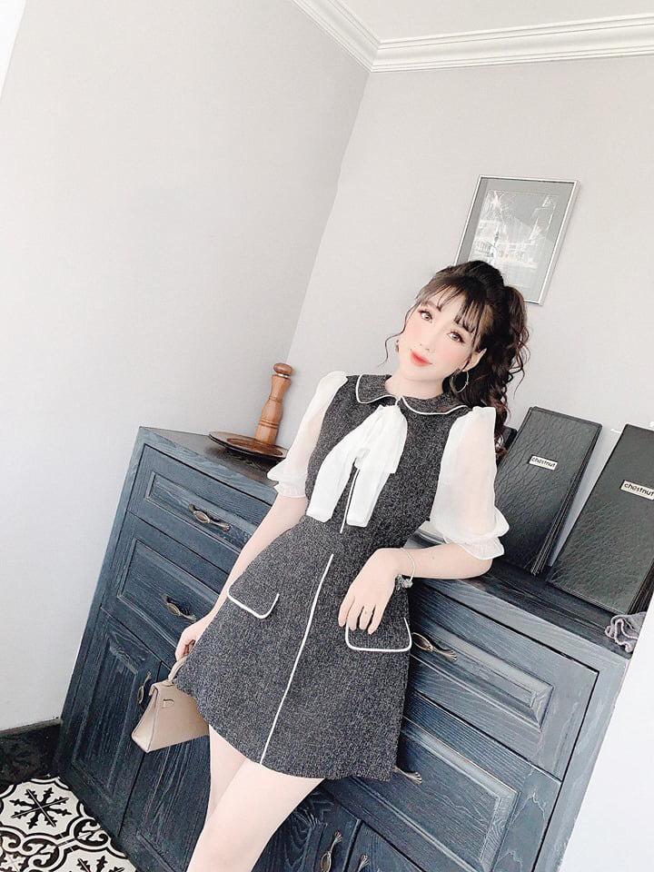 Đầm cổ cột nơ tay phối chất bố-KS