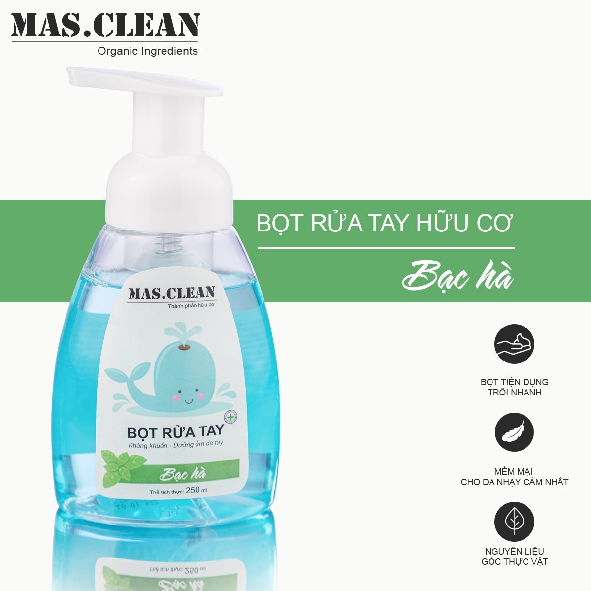 Nước rửa tay bọt hữu cơ Mas.Clean - chai 250ml