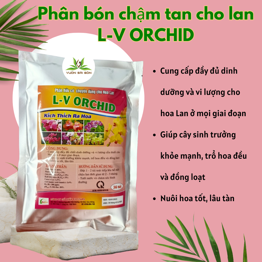 Phân bón hoa lan túi lọc L-V ORCHID (gói 500g) phân hữu cơ cho hoa lan dưỡng mầm chồi, hoa , chỉ đặt vào bề mặt gốc lan và tưới nước (Vườn Sài Gòn)