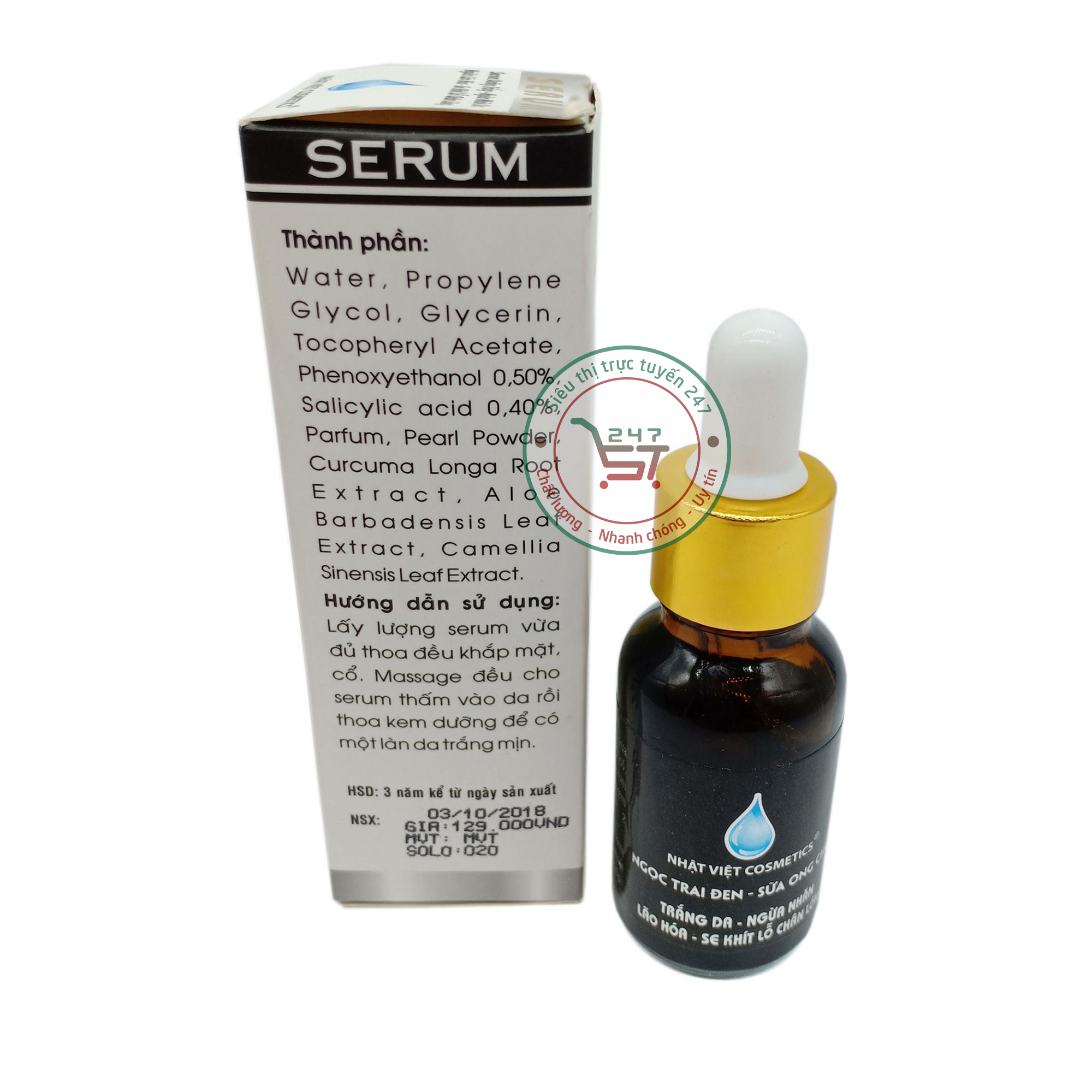 Serum dưỡng Trắng da mặt Ngừa nhăn Lão hóa Se khít lỗ chân lông Ngọc Trai Đen sữa ong chúa Nhật Việt 15ml (trắng-đen)